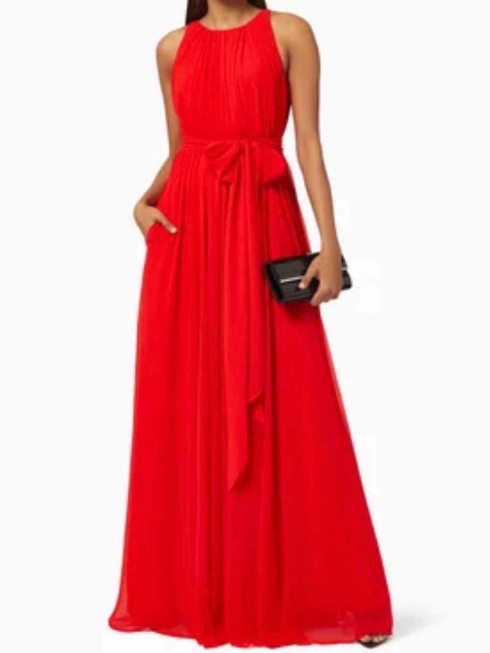 Badgley Mischka Women's Red Pleated Georgette Chiffon Gown Dress WITH POCKETS